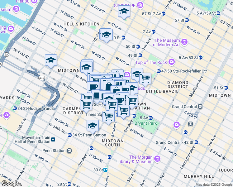 map of restaurants, bars, coffee shops, grocery stores, and more near 3 Times Square in New York