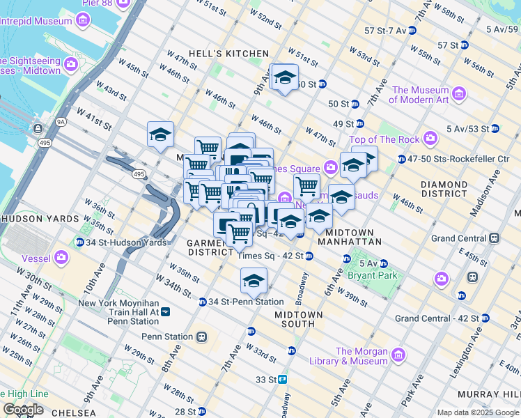 map of restaurants, bars, coffee shops, grocery stores, and more near 640 8th Avenue in New York