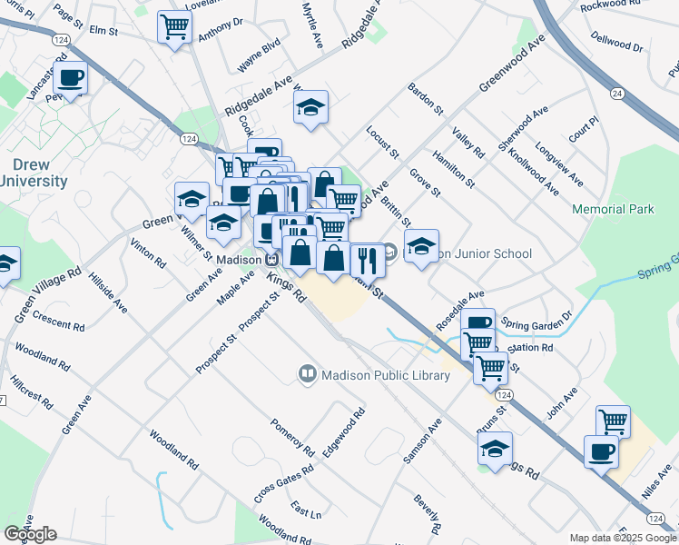 map of restaurants, bars, coffee shops, grocery stores, and more near 119 Main Street in Madison
