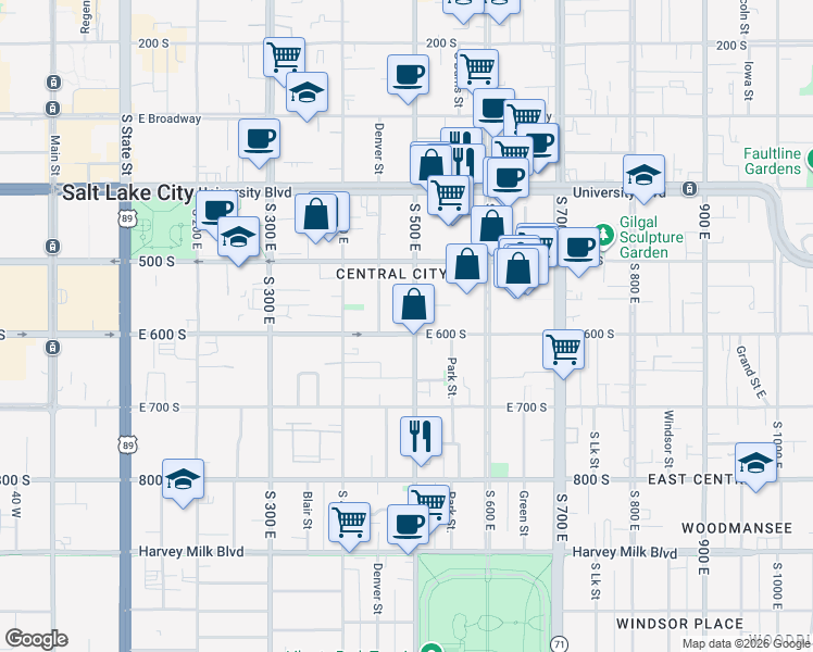 map of restaurants, bars, coffee shops, grocery stores, and more near 475 Martin Luther King Junior Boulevard in Salt Lake City
