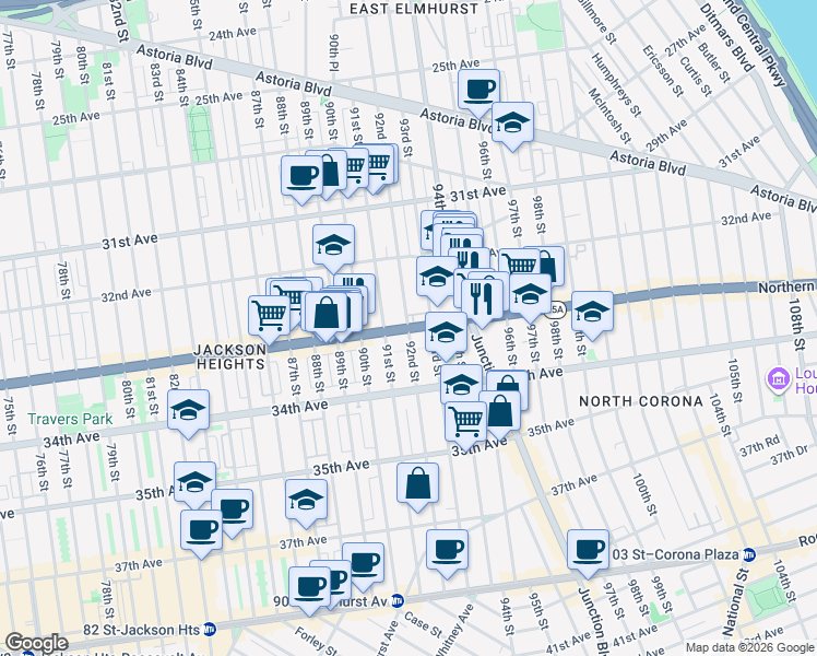 map of restaurants, bars, coffee shops, grocery stores, and more near 33-46 92nd Street in Queens