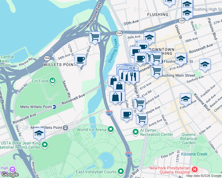map of restaurants, bars, coffee shops, grocery stores, and more near 131-03 40th Road in Queens