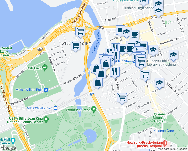 map of restaurants, bars, coffee shops, grocery stores, and more near 131-14 Roosevelt Avenue in Queens