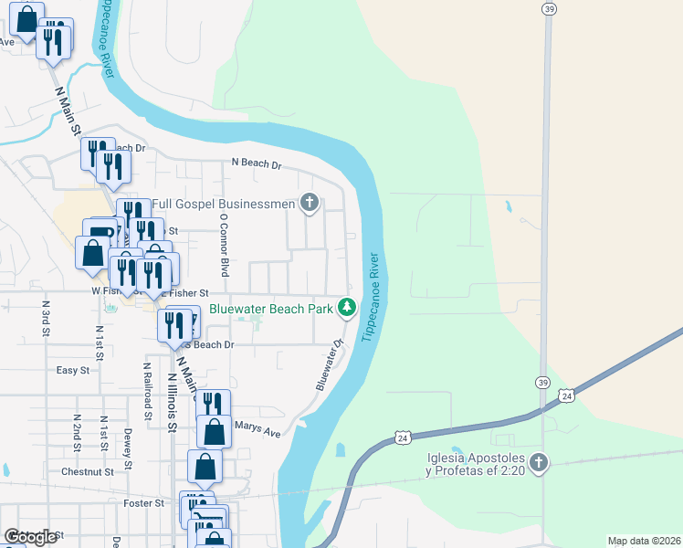 map of restaurants, bars, coffee shops, grocery stores, and more near 908 Bluewater Drive in Monticello
