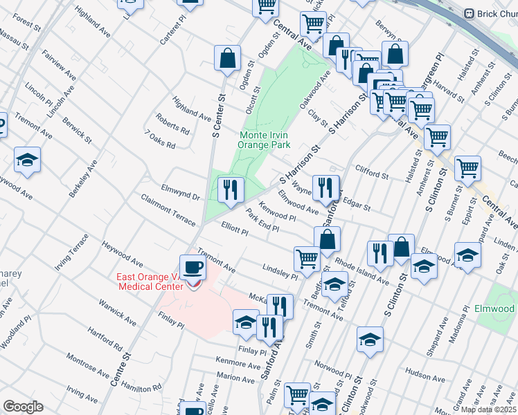 map of restaurants, bars, coffee shops, grocery stores, and more near 120 Park End Place in East Orange