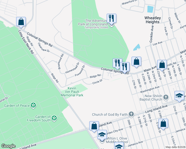 map of restaurants, bars, coffee shops, grocery stores, and more near 191 Ridge Road in Wyandanch