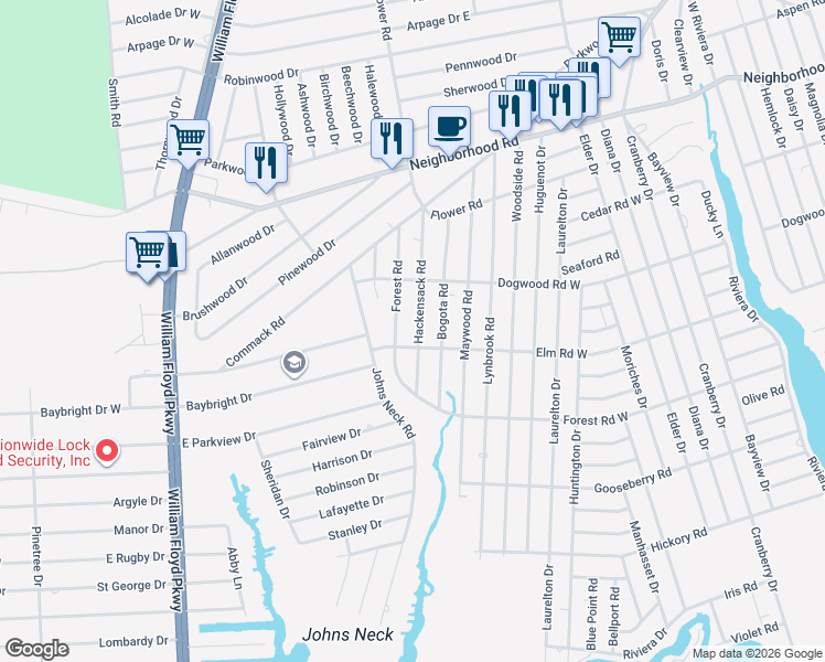 map of restaurants, bars, coffee shops, grocery stores, and more near 22 Hackensack Road in Mastic Beach