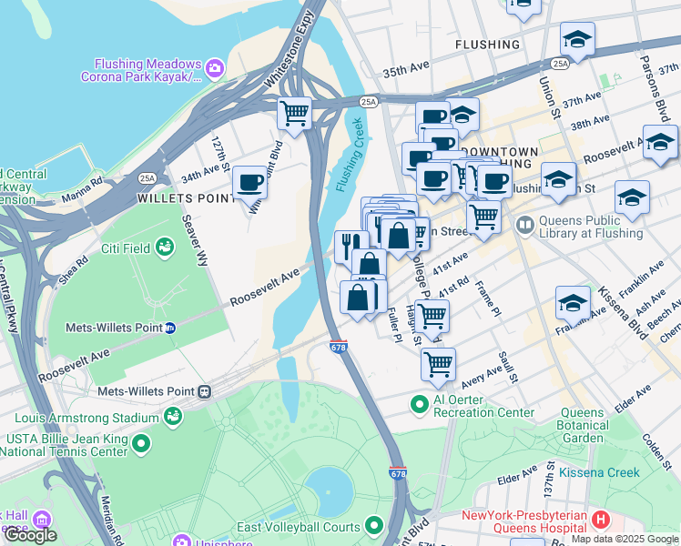 map of restaurants, bars, coffee shops, grocery stores, and more near 131-14 Roosevelt Avenue in Queens