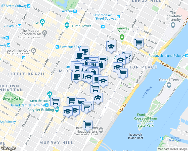 map of restaurants, bars, coffee shops, grocery stores, and more near 206 East 52nd Street in New York