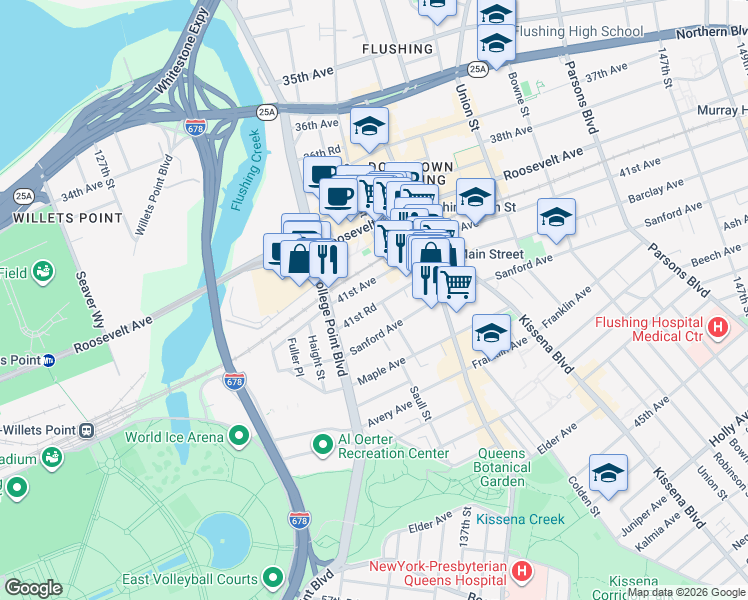 map of restaurants, bars, coffee shops, grocery stores, and more near 13261 41st Road in Queens