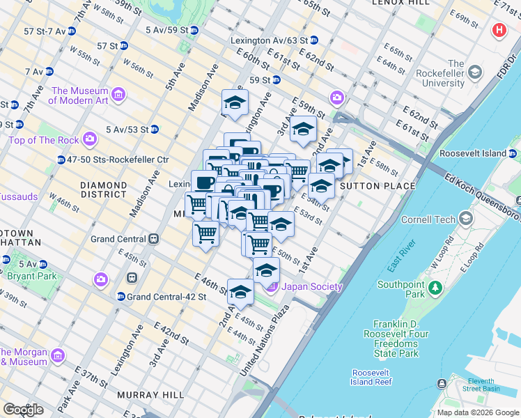 map of restaurants, bars, coffee shops, grocery stores, and more near 206 East 52nd Street in New York