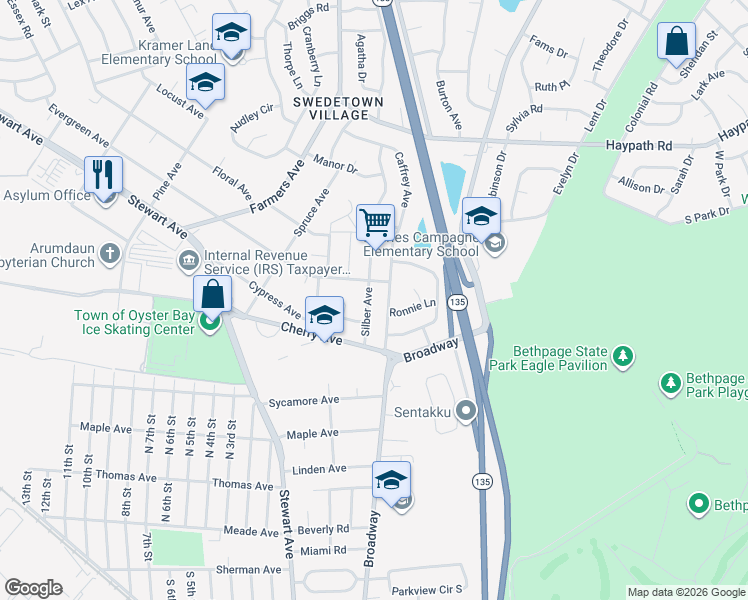 map of restaurants, bars, coffee shops, grocery stores, and more near 18 Silber Avenue in Bethpage