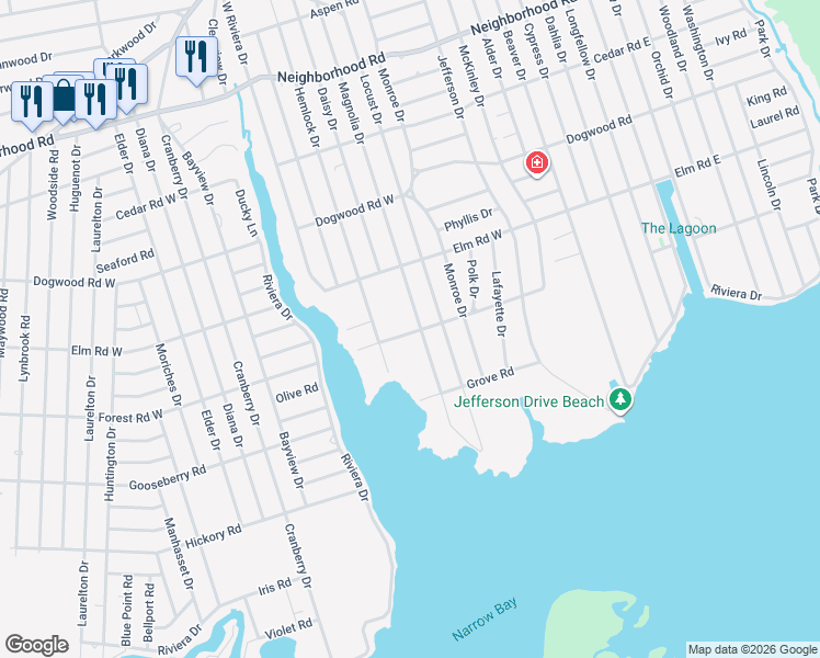 map of restaurants, bars, coffee shops, grocery stores, and more near 171 Forest Road East in Mastic Beach
