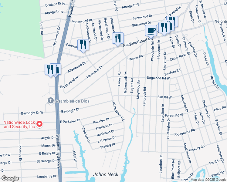 map of restaurants, bars, coffee shops, grocery stores, and more near 25 Johns Neck Road in Shirley