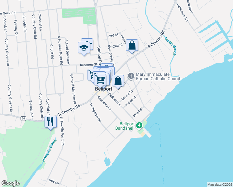 map of restaurants, bars, coffee shops, grocery stores, and more near 6 Bell Street in Bellport
