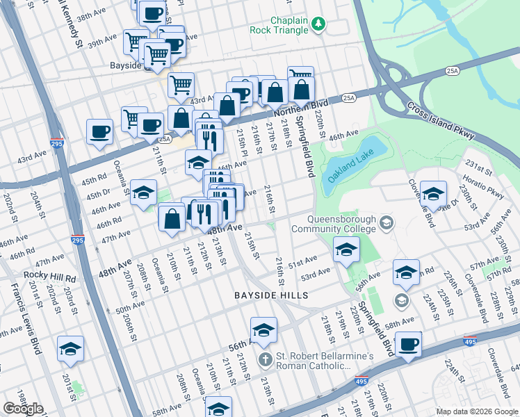 map of restaurants, bars, coffee shops, grocery stores, and more near 47-21 215th Place in Queens