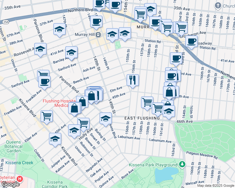 map of restaurants, bars, coffee shops, grocery stores, and more near 149-31 45th Avenue in Queens