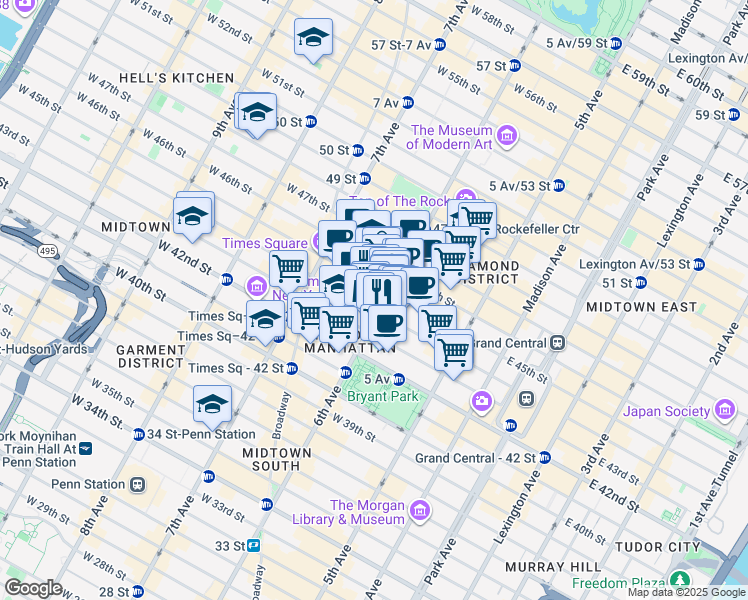 map of restaurants, bars, coffee shops, grocery stores, and more near 1155 6th Avenue in New York