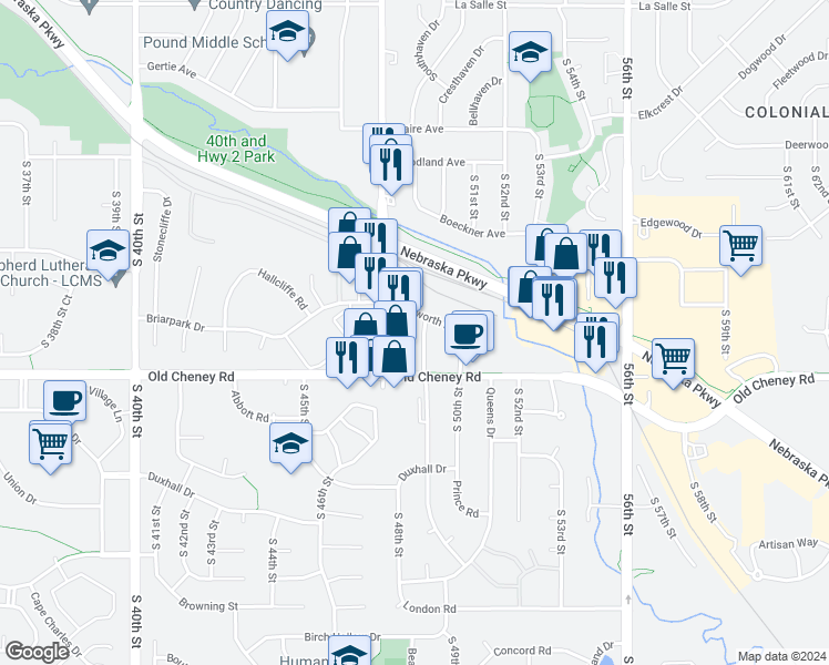 map of restaurants, bars, coffee shops, grocery stores, and more near 5609 South 49th Street in Lincoln