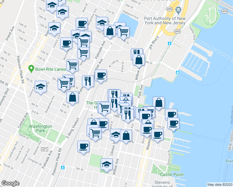 map of restaurants, bars, coffee shops, grocery stores, and more near 1524 Grand Street in Hoboken