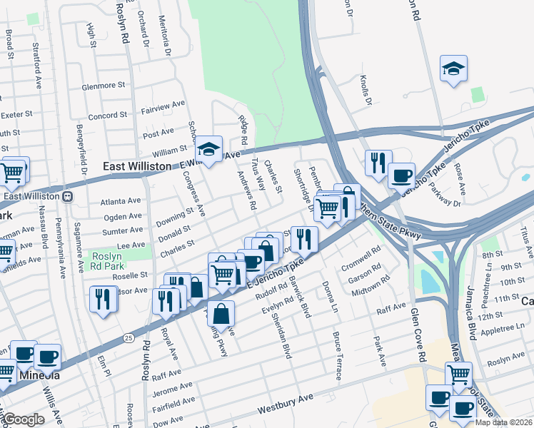 map of restaurants, bars, coffee shops, grocery stores, and more near 187 Charles Street in East Williston