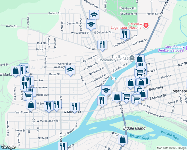 map of restaurants, bars, coffee shops, grocery stores, and more near 135 W Miami Ave in Logansport