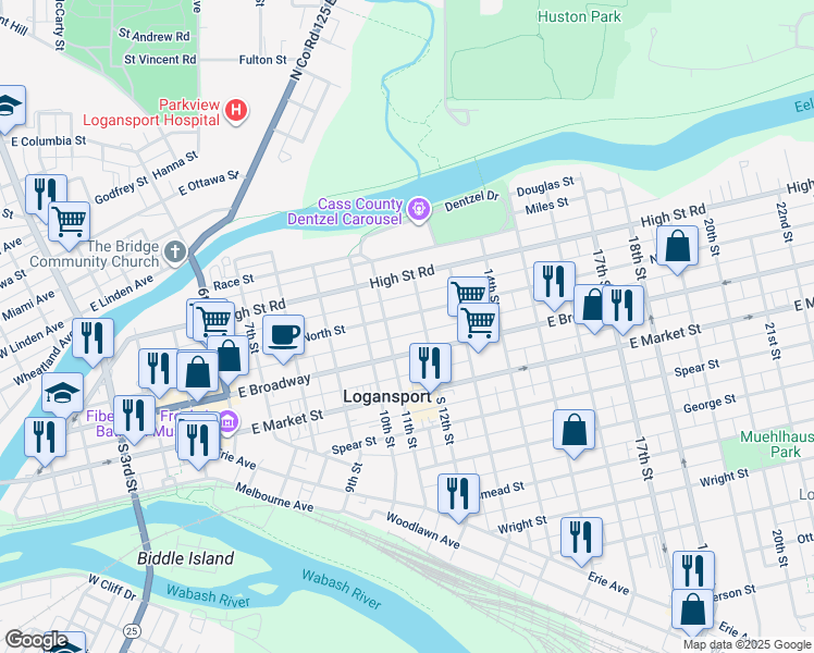 map of restaurants, bars, coffee shops, grocery stores, and more near 1101 North Street in Logansport