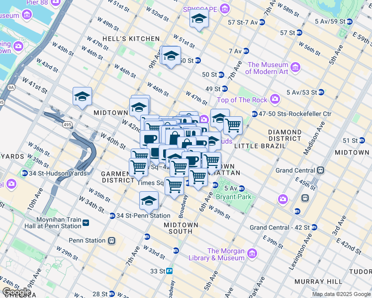 map of restaurants, bars, coffee shops, grocery stores, and more near 3 7th Avenue in New York