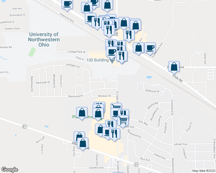 map of restaurants, bars, coffee shops, grocery stores, and more near 2450 Sherwood Dr in Lima
