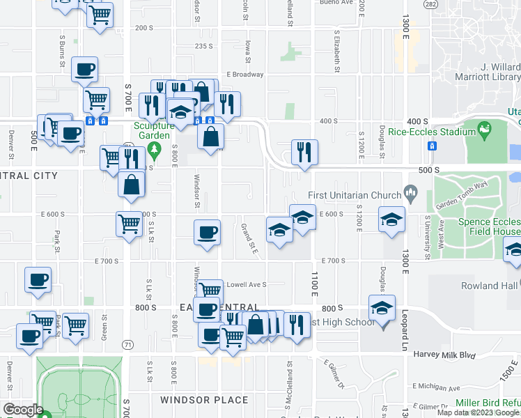 map of restaurants, bars, coffee shops, grocery stores, and more near 576 South 1000 East in Salt Lake City