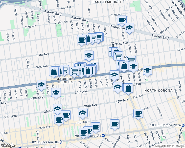map of restaurants, bars, coffee shops, grocery stores, and more near 89-11 Northern Boulevard in Queens