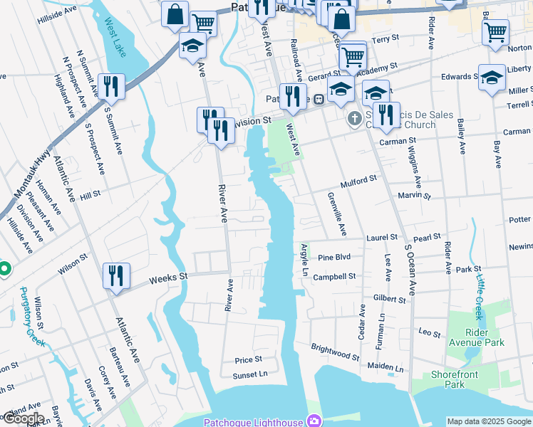 map of restaurants, bars, coffee shops, grocery stores, and more near 127 Jackie Court in Patchogue