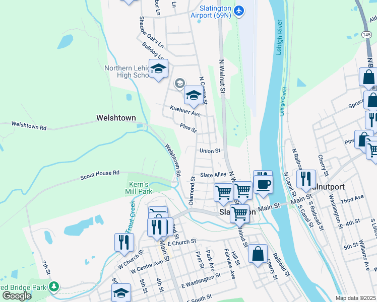 map of restaurants, bars, coffee shops, grocery stores, and more near 375 Diamond Street in Slatington