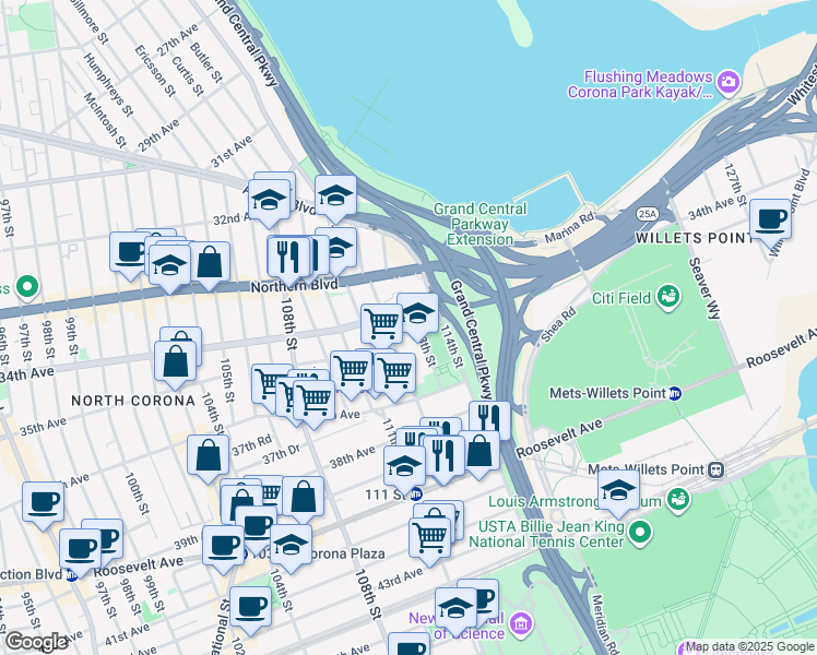 map of restaurants, bars, coffee shops, grocery stores, and more near 34-12 113th Street in Queens