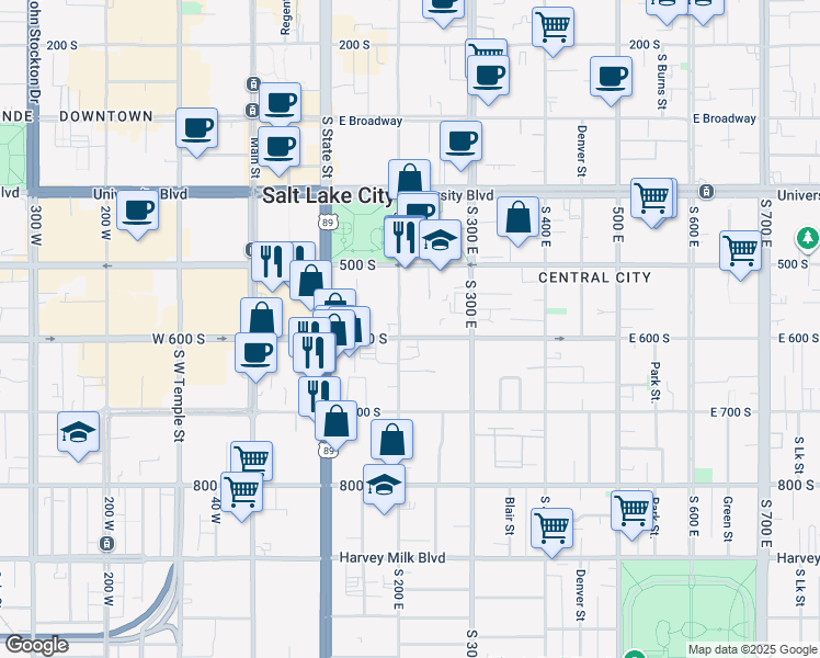map of restaurants, bars, coffee shops, grocery stores, and more near 577 South 200 East in Salt Lake City