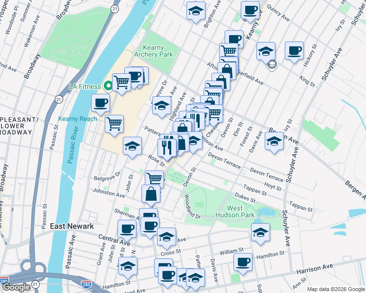 map of restaurants, bars, coffee shops, grocery stores, and more near 133 Kearny Avenue in Kearny