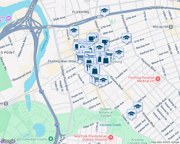 map of restaurants, bars, coffee shops, grocery stores, and more near 4165 Main Street in Queens