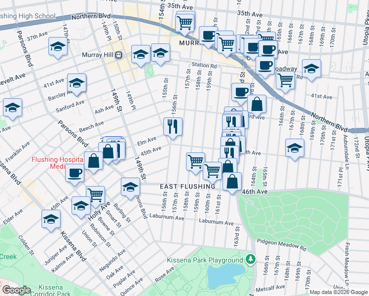 map of restaurants, bars, coffee shops, grocery stores, and more near 157-08 45th Avenue in Queens