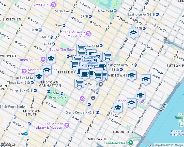 map of restaurants, bars, coffee shops, grocery stores, and more near 18 East 48th Street in New York