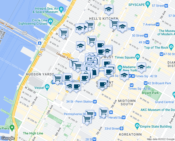 map of restaurants, bars, coffee shops, grocery stores, and more near in New York
