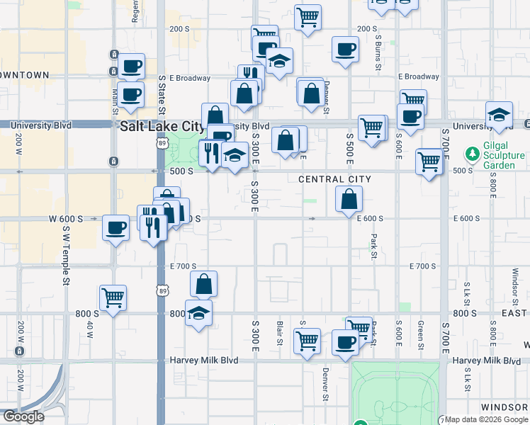 map of restaurants, bars, coffee shops, grocery stores, and more near 309 East 600 South in Salt Lake City