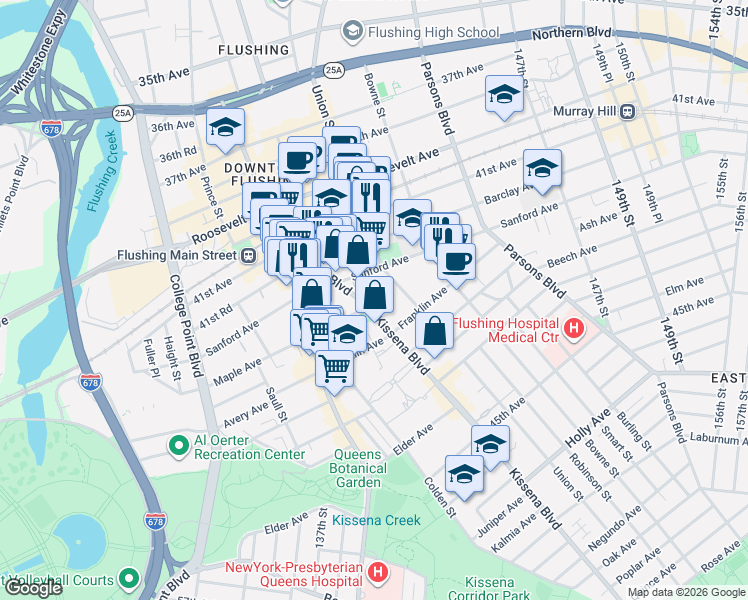 map of restaurants, bars, coffee shops, grocery stores, and more near 42-45 Kissena Boulevard in Queens