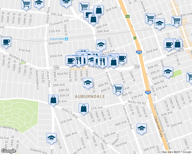 map of restaurants, bars, coffee shops, grocery stores, and more near 196-14 44th Avenue in Queens