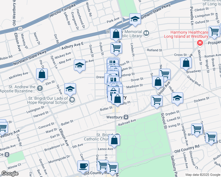 map of restaurants, bars, coffee shops, grocery stores, and more near 255 Schenck Avenue in Westbury