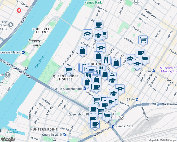 map of restaurants, bars, coffee shops, grocery stores, and more near 38-50 21st Street in Queens