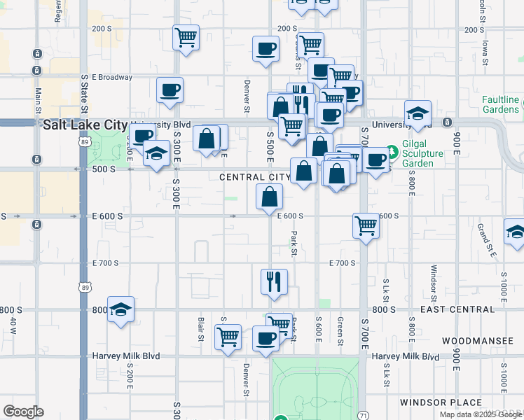 map of restaurants, bars, coffee shops, grocery stores, and more near 475 East 600 South in Salt Lake City