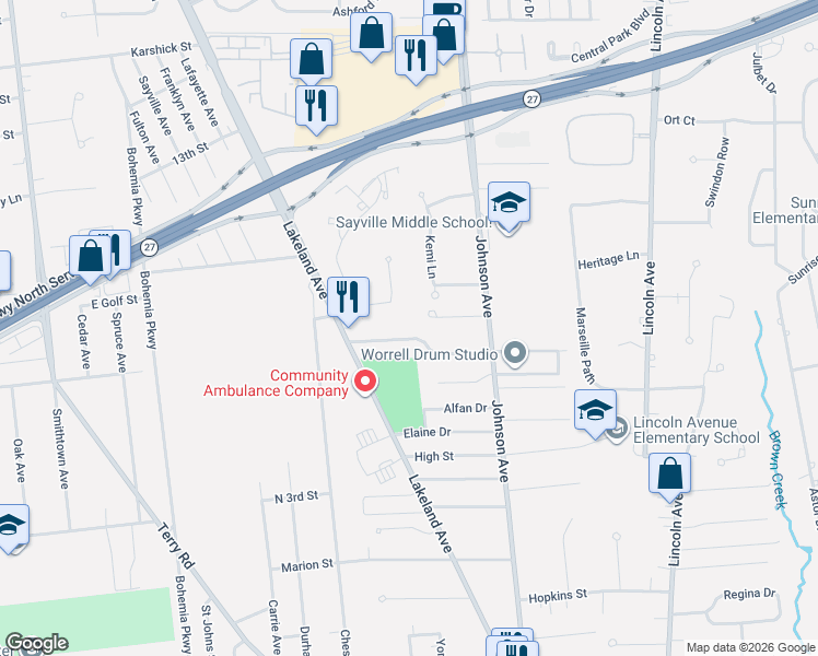 map of restaurants, bars, coffee shops, grocery stores, and more near 23 Eastover Road in Sayville