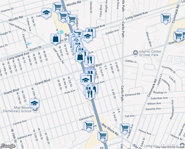 map of restaurants, bars, coffee shops, grocery stores, and more near 135 East 1st Street in Deer Park
