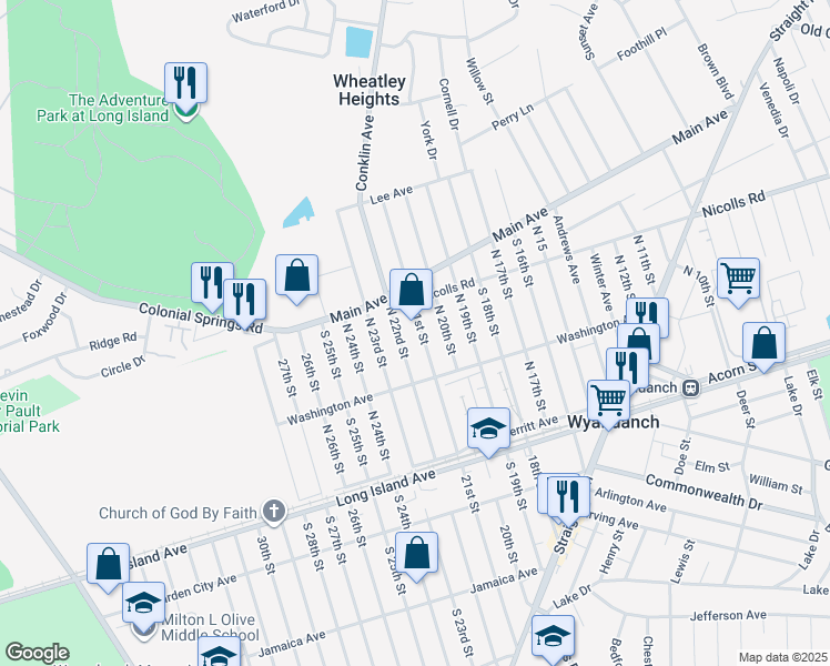 map of restaurants, bars, coffee shops, grocery stores, and more near 136 North 21st Street in Wyandanch