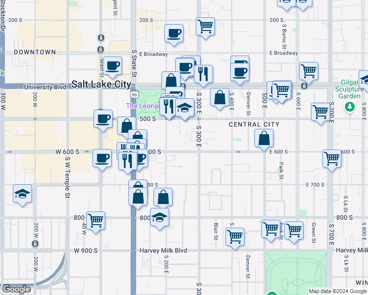 map of restaurants, bars, coffee shops, grocery stores, and more near 239 East 600 South in Salt Lake City